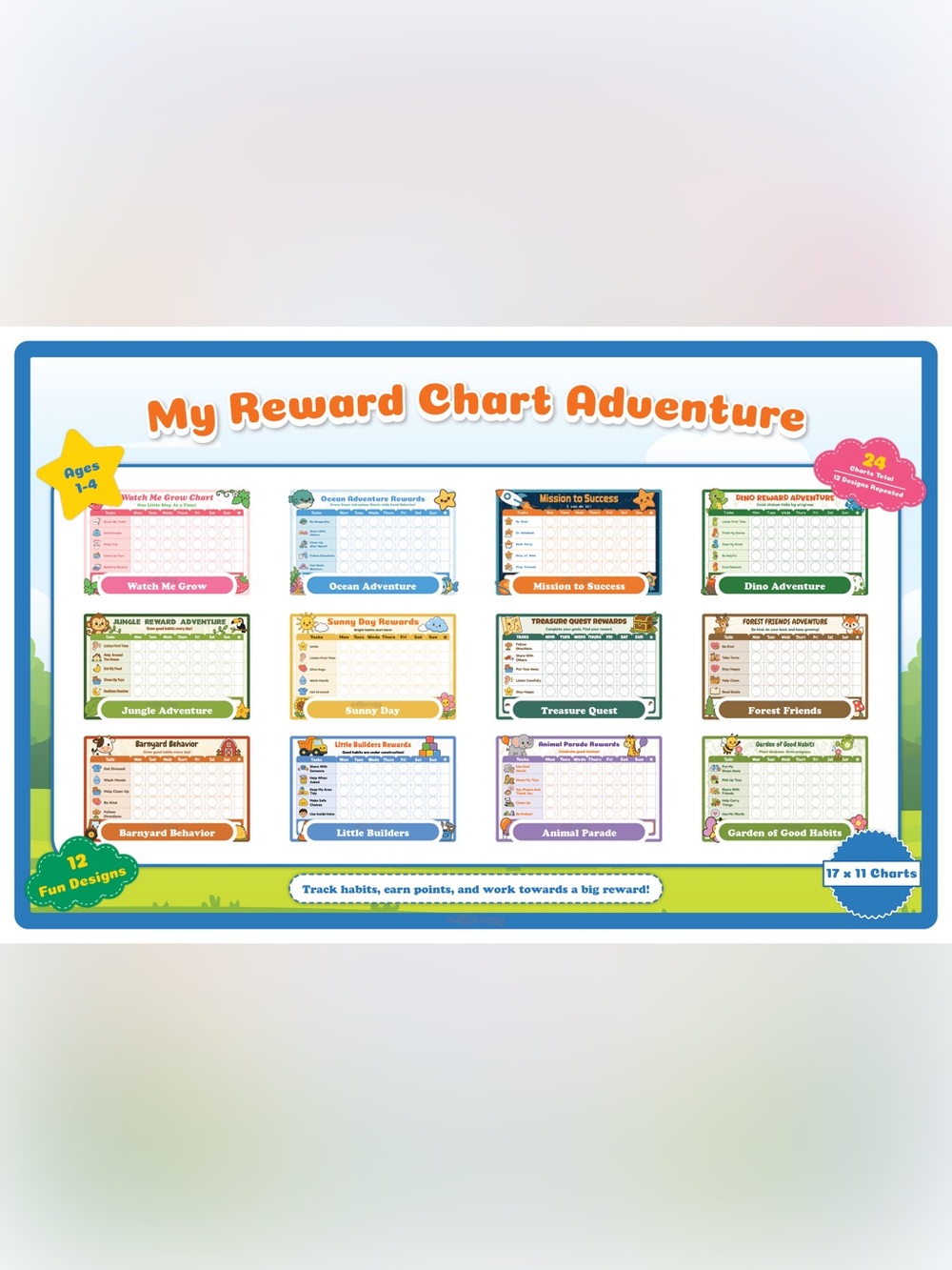 Kids Reward Chart Pad 17x11 | 25 Pages | 12 Designs | Ages 1-4 | Habit Tracker